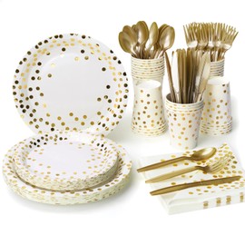 Party Supplies Set - 210 Pieces of White and Gold Dot Paper Plates, Cups, Napkins, and Heavy Duty Silverware for 30 Guests for Birthdays, Graduation, Wedding, Festivals | Lzerking