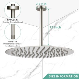 Voolan Shower Arm with Flange, Ceiling Mounted Fixed Shower Pipe, Bathroom Straight Rain Shower Replacement Arm, Universal Connection 1/2 NPT (12 Inch, Brushed Nickel)