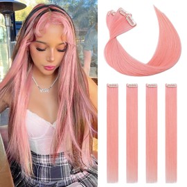 Benehair Pink Hair Extensions Clip in Human Hair 16 Inch Colored Hair Extensions Clip ins, Straight Hairpieces Highlights Colorful Clip in Hair Extensions, Cosplay Party Daily Hair Accessories for Girls Women Kids 4 Pieces 16g