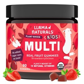 Llama Naturals Kids Multivitamin Gummies, Vegan, Organic with Vitamin D, C & K, Toddler Real Fruit Gummy Vitamins, Chewable Supplement, Whole Food Multivitamin, No Added Sugar Cane, Strawberry, 90 Ct