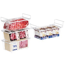 iSPECLE 4 Pack Freezer Organizer Bins - Fit 7 Cu.Ft Chest Freezer, 1 Pack Small Hanging Organizer Bin & 3 Pack Stackable Deep Freezer Organizer, with Handle for Easy Slide to Get Bottom Food, White
