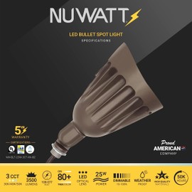 NuWatt 25W Bronze Bullet Spot Light Outdoor LED Landscape Floodlights, 3500 Lumens Bright Outdoor Light for Yard, 3000K/4000K/5000K Selectable, 1/2" Knuckle Mount, 120-277V Waterproof Flag Pole Lights