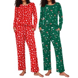 Ekouaer 2 Pack Women's Pajama Set Soft Long Sleeve Sleepwear Loungewear Pjs Sets with Pockets,XX-Large