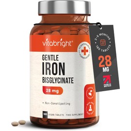 Iron Supplements for Women & Men | 28mg | 180 Gentle Iron Tablets | High Strength Ferrous Bisglycinate | Non Constipating | Supplements for Tiredness and Fatigue | VitaBright