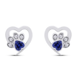 Heart and Round Cut Simulated Blue Sapphire Cat Puppy Paw Print Pet Animal Heart Small Stud Earrings Jewelry Gift for Women in 14k White Gold Plated 925 Sterling Silver