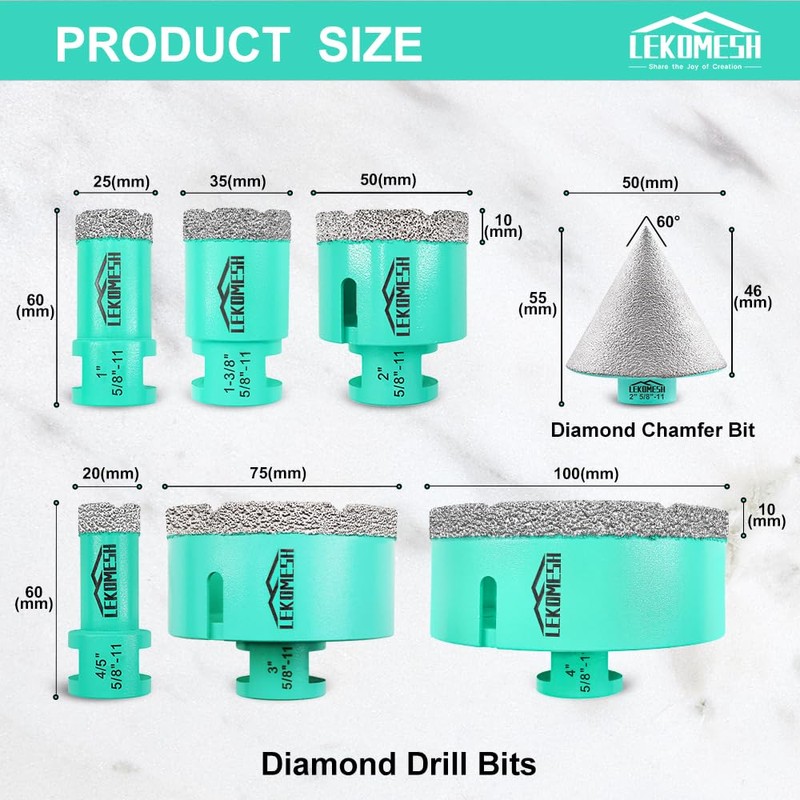 LEKOMESH Diamond Core Drill Bits Set 7pcs Tile Hole Saw