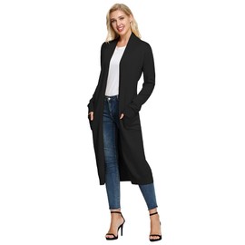GRACE KARIN Women Lightweight Knitted Warm Maxi Long Cardigans V Neck Soild Colour Casual Cardigan L Black