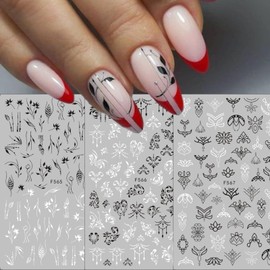 8 Sheets Flower Vintage Vine Nail Stickers Decals,3D Self- Adhesive Retro Flower Pattern Nail Decals Black White Leaves Flowers Nail Design Butterflies Pegatinas Uñas for Women Girls Nail Supplies