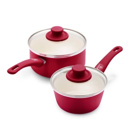 GreenLife Soft Grip 1QT and 2QT Saucepan Set, Healthy Ceramic Nonstick, Non Toxic PFAS & PFOA-Free, Dishwasher Safe, Glass Lids, Stay-Cool Handles, Easy Clean Cookware, Kitchen Essentials, Red