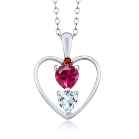 Gem Stone King 925 Sterling Silver Red Created Ruby Sky Blue Aquamarine and Red Garnet Pendant Necklace For Women (0.86 Cttw, Gemstone July Birthstone, Heart 5MM and 4MM, with 18 Inch Silver Chain)