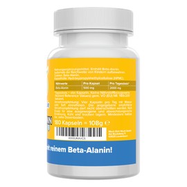 Beta Alanine Capsules - 500 mg - Quality from Germany - No Additives - Laboratory Tested - Vegan - Small Capsules Instead of Tablets - Carnosine Booster for Training & Muscle Building - Vitamineule®