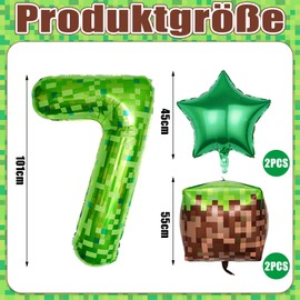 Ovanda Luftballon 7, Pixelmotiv Riesige Grüne Pixel Miner Thema Zahlenballon, Grasblöcke Luftballon, 5 Stück 100 CM XXL Folienballon 7, Luftballons 7 Jahre Mädchen, Luftballons 7 Jahre Junge