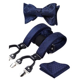 HISDERN Bow tie and Suspenders for Men Navy Blue Plaid Suspender Self Bowtie Pocket Square Set Adjustable Y Shape Wedding Formal Mens Trouser Braces