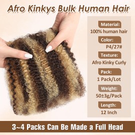 Afro Kinkys Bulk Human Hair for Dreadlock Extensions 12 Inch Highlight Brown Afro Bulk Human Hair for Braiding Twists Repair Locs and Braids Kinky Afro Bulk Human Hair for Locs 50Gram Each Pack P4/27#