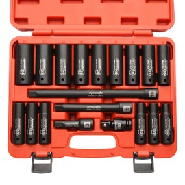 EPAuto 1/2-Inch Drive Metric (10-24 mm) Deep Impact Socket Set | Extension Bar | Universal Joint, Cr-V, 6 Points, 19 Pieces