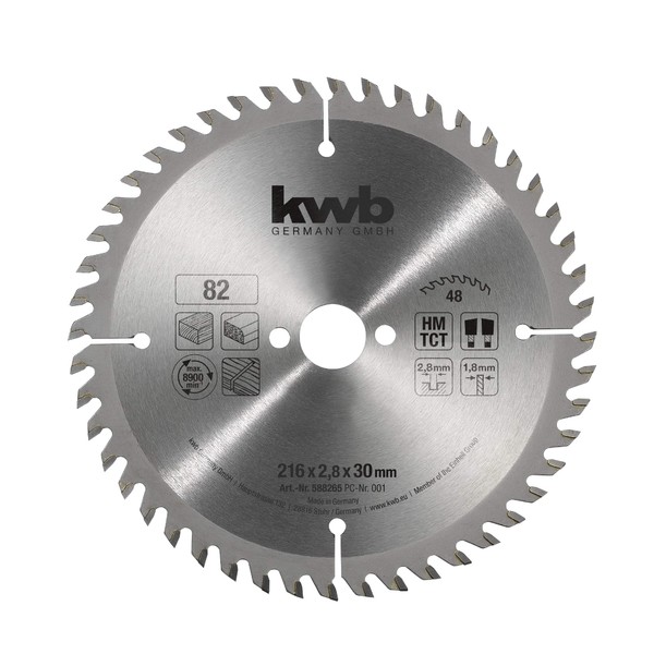 kwb 588265 Professional Precision Carpenter Circular Saw Leaf, Wood / Hardwood Saw Blade, 216 x30 mm Fine Cuts, High Number, 48 Teeth Z-48, Made in Germany