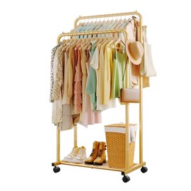 Sakugi Clothes Rack - Double Rods Clothing Rack with Mesh Shelf, Hooks & Wheels, Metal Clothing Racks for Hanging Clothes & Bags, Multifunctional Garment Rack for Laundry, Gold, 28.7" x 16.5" x 59.1"
