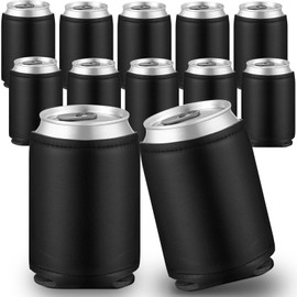 SiliFine 12 Pcs Groomsmen Cooler Sleeves 12oz PU Can Insulator Holder Beverage Cooler Sleeves Bulk Wedding Blank Beer Can Holder for Groomsmen Gifts Party Favors (Black)