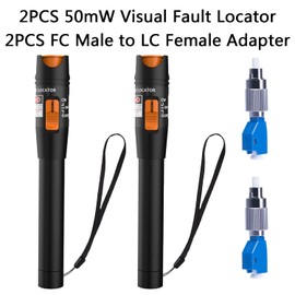 2Pack Visual Fault Locator VFL Fiber Tester - 50KM Range with 2 Singlemode 9/125um FC Male to LC Female Adapters - 50mW Output Power
