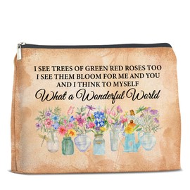 UPNEGE Floral Makeup Bag Gifts for Women What a Wonderful World Floral Butterfly Cosmetic Bag Zipper Makeup Pouch