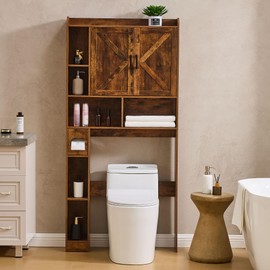 Viroformo Over The Toilet Storage Cabinet, Farmhouse Storage Cabinet Over Toilet with 2 Barn Door, Toilet Paper Holder Stand and Adjustable Shelves, Toilet Rack for Bathroom, Restroom, Laundry, Brown