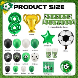 WuGU Football Decoration Birthday Children 8 Years, 138 Pieces Football Party Decorations Party Tableware Set, Green Football Birthday Decoration Boys 8th Birthday for Football Party 16 Guests