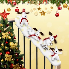 QEQEKAKA Reindeer Christmas Staircase Decorations Set Banister Christmas Decorations with 4PCS Skiing Reindeer & Artificial Snow & LED Lamp Belt, for Home Interior Christmas Stairs Decorations