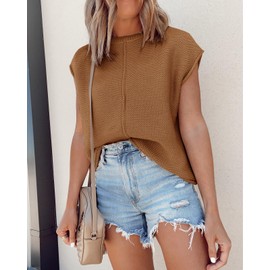 Saodimallsu Womens Summer Cap Sleeve Tops Casual Crew Neck Loose Fit Knit Lightweight Sweater Pullover Top Coffee