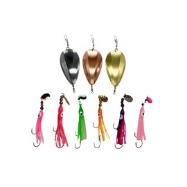 KOKOPROS Jet Kokanee Fishing Package 9 PK - Gold, Silver & Copper Dodger with 6 Squid Skirts - 4 1/2 Inch Jets - Durable Metal - Ideal for Kokanee Salmon & Trout