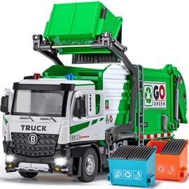 HAPYAD AUTO-Lift Function Garbage Truck Toys Metal Cab, Trash Truck Toy Set with Lights and Sounds Includes 3 Dumpsters, Birthday Gift for Kids Boys Toddlers (Green)