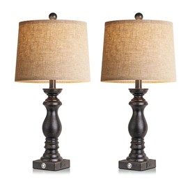24.5" Table Lamp Set of 2, Rustic Farmhouse Bedside Lamps with USB A+C Charging Ports, 3-Way Dimmable Touch Control Nightstand Lamps for Living Room Bedroom, Antique Black, LED Bulbs Included