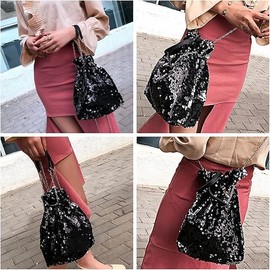 Women Drawstring Bucket Bag Tote Shoulder Handbag Clutch Bag Reversible Mermaid Sequin Chain Crossbody Handbags (Black)