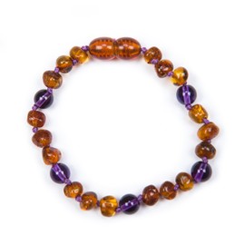 Baby J's - Cognac and Amethyst Coloured Bracelet/Anklet - Premium Amber Bracelet - Handcrafted with 100% Baltic Amber - Fitted with a Safety Screw Clasp - Knotted to Prevent Scattering - 16cm