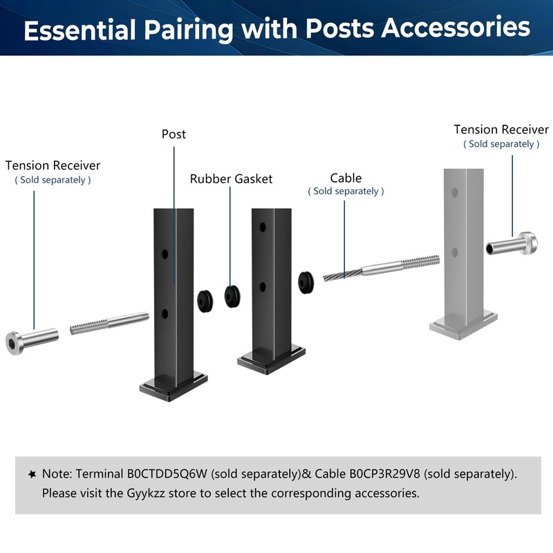 Gyykzz 36" Black Cable Railing Post, Fixed Top Level Drilled