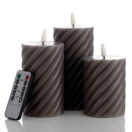 glowiu Flameless Candles Battery Operated with Remote (H 4" 5" 6" x D3) LED Pillar Candles Set of 3 Twisted Candles for Holiday, Party, Home Decor Indoor and Outdoor Events (Light Gray)