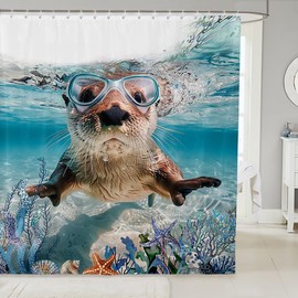 Feelyou Boys Girls Ocean Theme Bathroom Shower Curtain Set Cute Otter Shower Curtain Kids Kawaii Sealife Bath Curtain Beach Coastal Underwater World Teens Bathroom Accessories 72"x84"