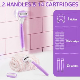 Razors for Women Include 2 Non-Slip Handles and 14 Razor Refills, 5 Premium Blades Women's Razors for Shaving with a Shower Holder, Disposable Razor with 360° Lubrication Reduces Irritation, Purple