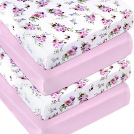 Crib Sheets Girls 4 Pack, Fitted Crib Sheets for Standard Size Crib and Toddler Mattresses, Soft and Breathable Crib Sheets Baby Gift Girl Set, Pink Floral