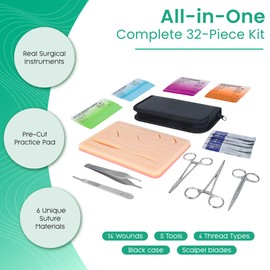 Suture Practice Kit for Medical Students | 32-Piece Complete Set with Large Suturing Pad, 5-Piece Tool Kit, Pre-Cut Wounds & Multi-Type Suture Threads | Ideal for Training & Demonstration