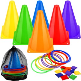 Cptoion 31 Piece Ring Toss Game, 3-in-1 Throwing Game Children's Outdoor Games Set, 3-in-1 Children's Party Throwing Games with Traffic Cone, Bean Bags Throwing Rings, Throwing Games Outdoor for