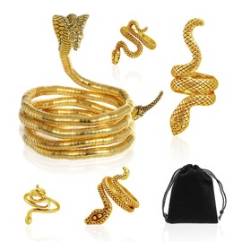 CYNOSURETECH 1pc Gold Snake Chain and 1pc Gold Snake Ring with 1pc Black Storage Bag, Snake Bracelet, Snake Jewelry, Snake Jewelry Set, Adjustable Necklace, Women's Jewelry