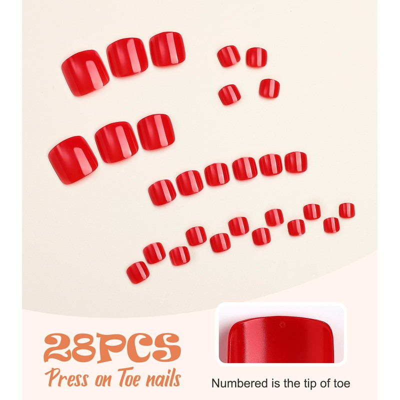 Morily Red Press on Toenails Short Square, Glossy Fake Toe