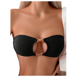 SOLY HUX Women's Cut Out Bandeau Bikini Top Strapless Ring Linked Tie Back Swim Bathing Suit Top Solid Black Small