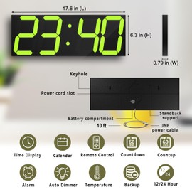 CHKOSDA LED Large Digital Wall Clock, Oversize Digital Clock with 6” Numbers, Remote Control Count up/Countdown Timer Clock, Auto Dimmer, Big Calendar and Thermometer（Yellow
