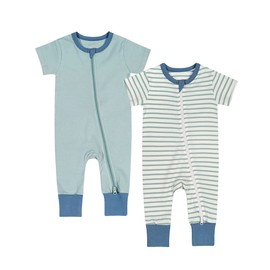 Teach Leanbh Toddler Baby Boys Girls 2-Pack Pajamas Cotton 2 Way Zipper Short Sleeve Footless Romper Sleep and Play (Green+Grey, 2-3 Years)