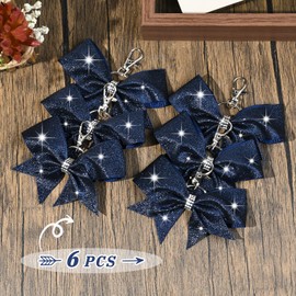 6PCS Cheer Bow Keychain Glitter Bow Keychain Hair Bow for Girls Rhinestones Sequin Bow School Senior Cheer Bow Accessories for Teen Softball football Cheerleader (Navy Blue)