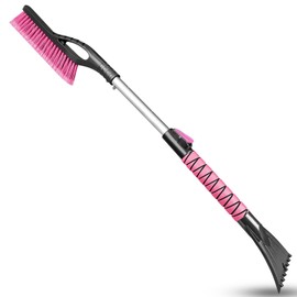 HEEYA Ice Scraper and Brush for Car, Extendable Snow Brush and Ice Scraper for Car Windshield Window, Car Snow Scraper and Brush with Foam Grip for SUV Truck Automobile Vehicle - Pink