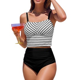 CUPSHE Women's Tankini Sets Square Neck Elastic High Waisted Two Piece Bathing Suits Adjustable Straps Swimwear, XL Black/Striped