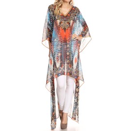 Sakkas P23 - HiLowKaftan Zeke Hi Low V-Neck Caftan Dress Boxy Printed Top Cover/Up - 1723-Blue/Red -OS