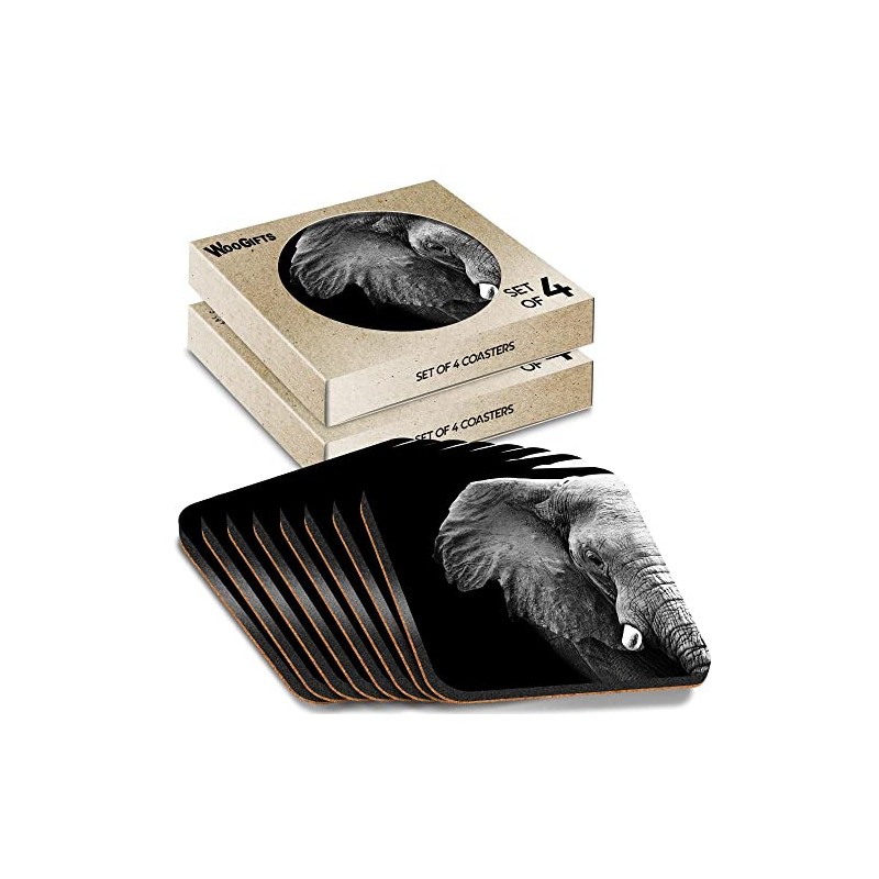 8 x Square Coasters - Black & White Elephant Face